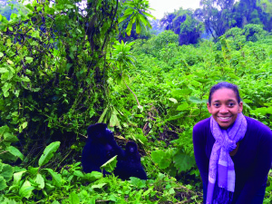 Ms. Brownlee, happy in her purple, on a gorilla trek.