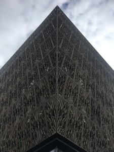 Metalwork surrounds the facade of the National Museum of African American History and Culture