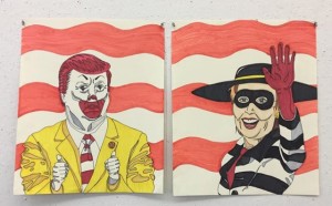 A painting of Donald Trump dressed as Ronald McDonald and Hillary Clinton dressed as the Hamburglar.