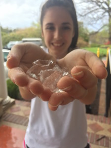 Photo Courtesy of Sanaz Ghorbanpour Phaedra Manikas '18 holds the ice that will go down her shirt before a soccer game.